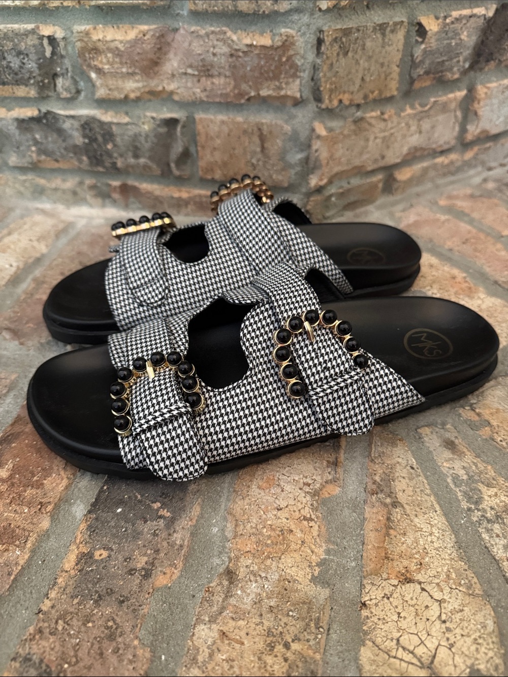 MKS Women's Black & White Houndstooth Slide Sandals with Gold Accents - Size 11